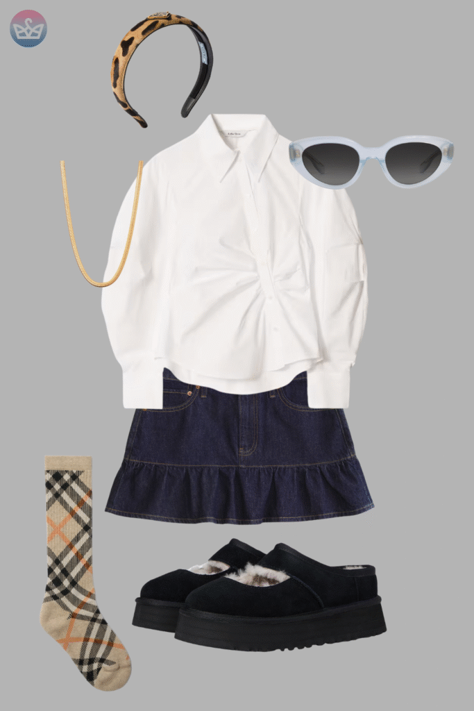 Modern and fresh how to style a white shirt like a pro 1 adjust my crown A complete outfit showing how to style a white shirt a cinched white blouse with a navy ruffled mini skirt dark platform sandals a plaid scarf sunglasses and a head band