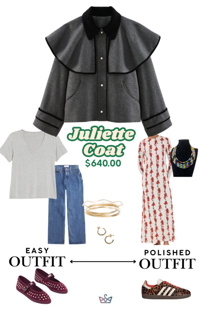 A style guide for a women's black winter coat. The casual look pairs it with a t-shirt, jeans, and sneakers. The polished look styles it over a red patterned dress with heeled booties, showcasing versatile winter coats for women.