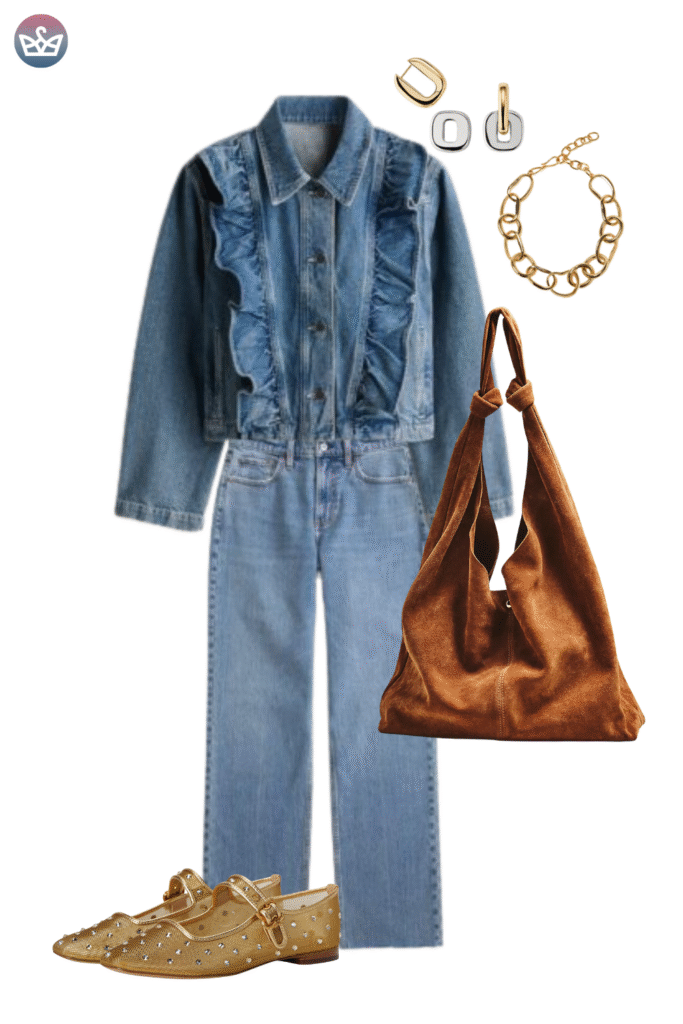 12 must have suede bags for fall that will elevate any outfit 1 adjust my crown A large brown suede tote bag styled with a double denim outfit and tan boots for a casual fall look