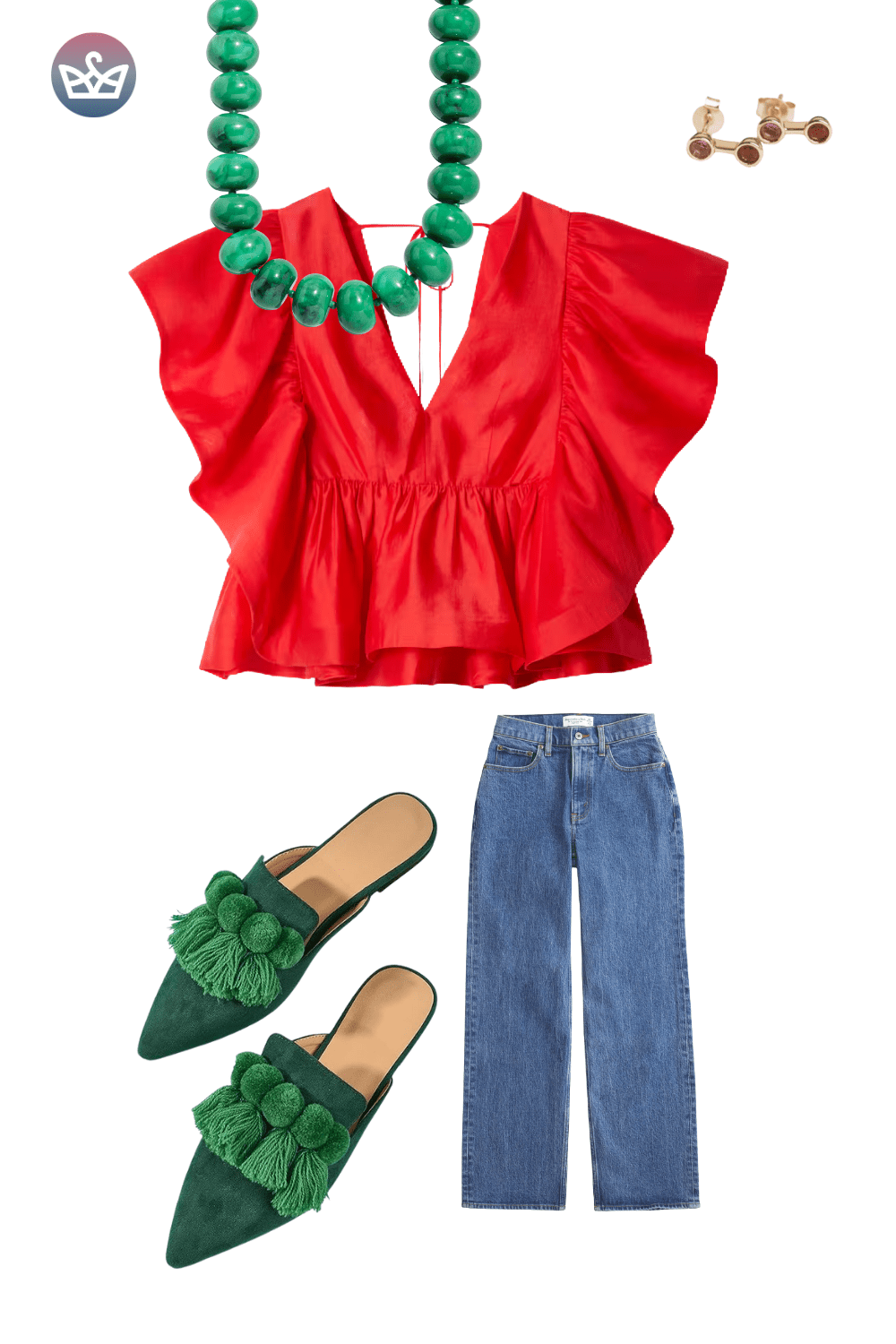 Red ruffle V-neck top, wide-leg jeans, green sequin bow mules, and a black bag.