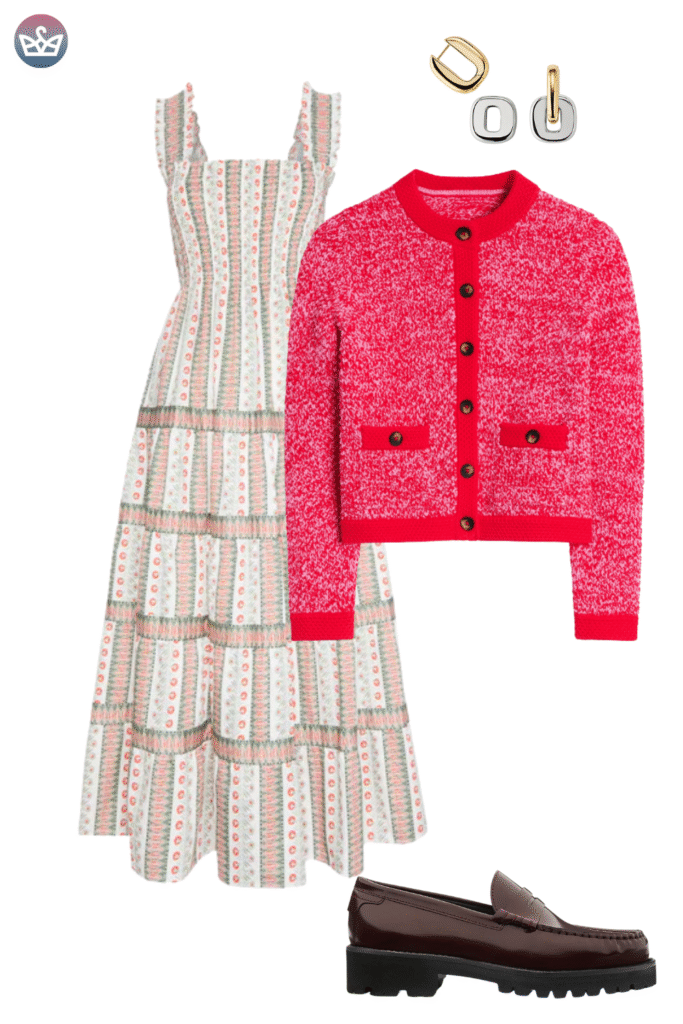 How to style cardigans over summer clothes cardigan outfit ideas that keep you cool and look pulled together 10 adjust my crown A chic and structured cardigan outfit idea pairing a tiered pink green and white patterned maxi dress with a bright red textured knit cardigan jacket This look is grounded with dark burgundy chunky loafers and minimal gold and silver hoop earrings