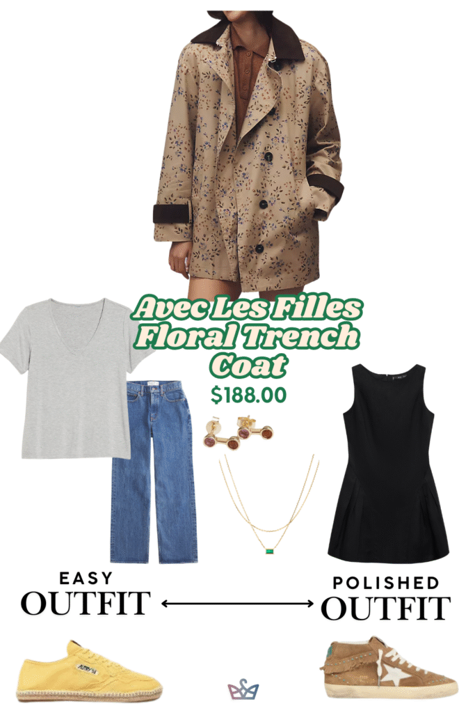 A style guide for a patterned women's trench coat. The easy outfit pairs it with a t-shirt and jeans. The polished outfit shows it over a black dress with heeled mules, offering a lighter option among winter coats for women.