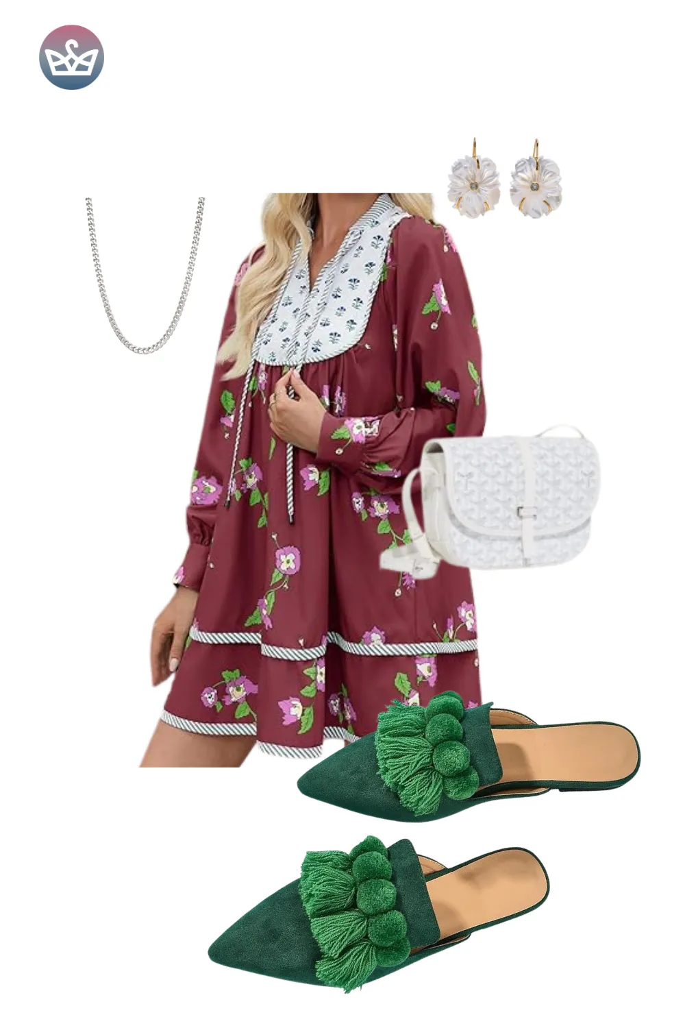 Maroon floral mini dress with white crossbody bag and green tasseled mules.