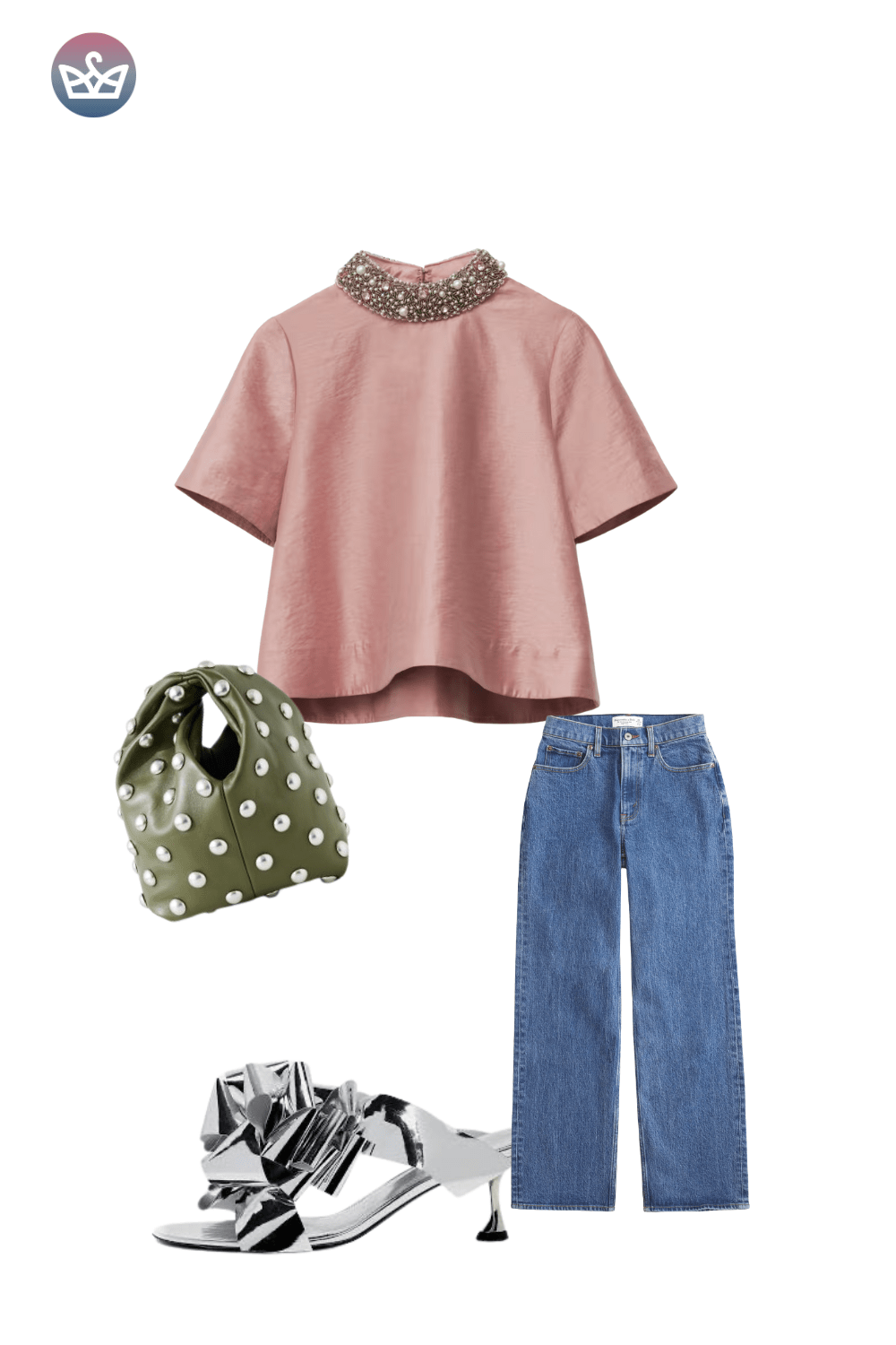 Pink pearl collar top, wide-leg jeans, chunky silver sneakers, and a spotted green bag.
