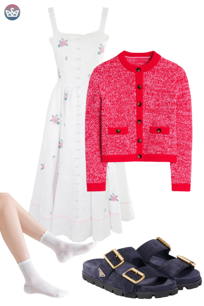 How to style cardigans over summer clothes cardigan outfit ideas that keep you cool and look pulled together 11 adjust my crown A playful and bright cardigan outfit idea featuring a white midi dress with delicate pink floral embroidery layered with a cropped vibrant red textured knit cardigan The outfit maintains a cozy aesthetic with white ruffle trim ankle socks and chunky navy blue buckled sandals