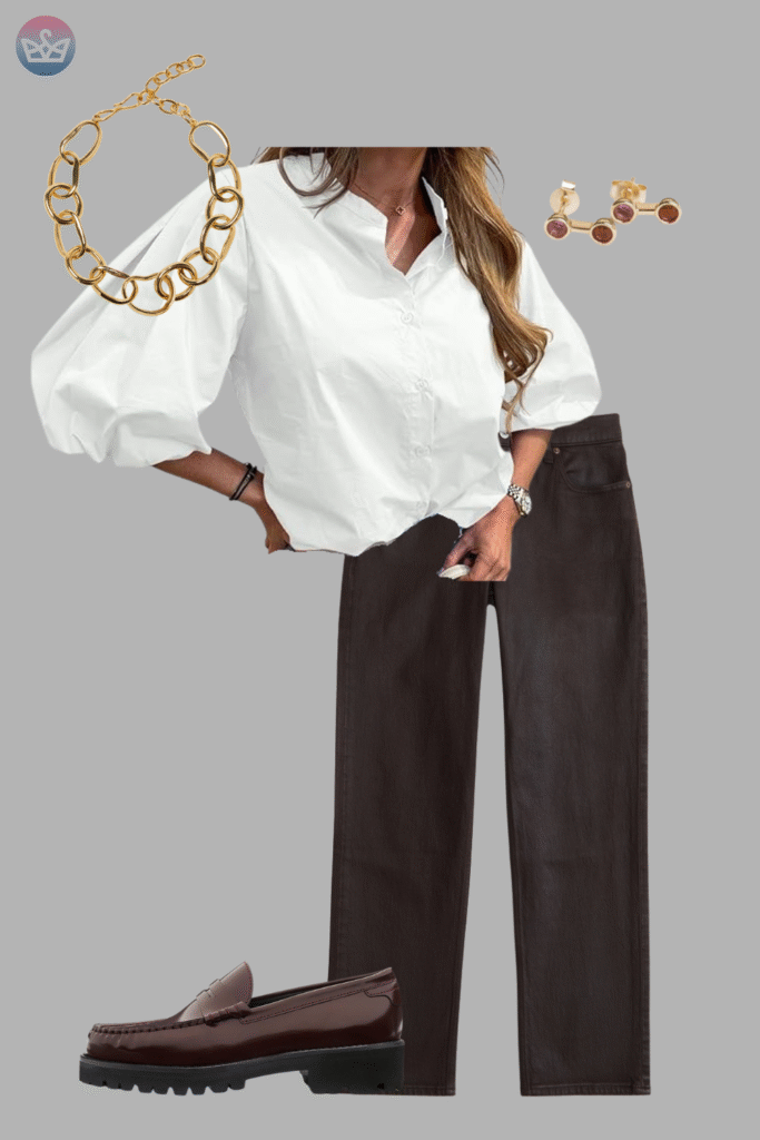Modern and fresh how to style a white shirt like a pro 11 adjust my crown A professional look demonstrating how to style a white shirt a voluminous white puff sleeve blouse tucked into dark brown trousers and paired with chunky brown loafers