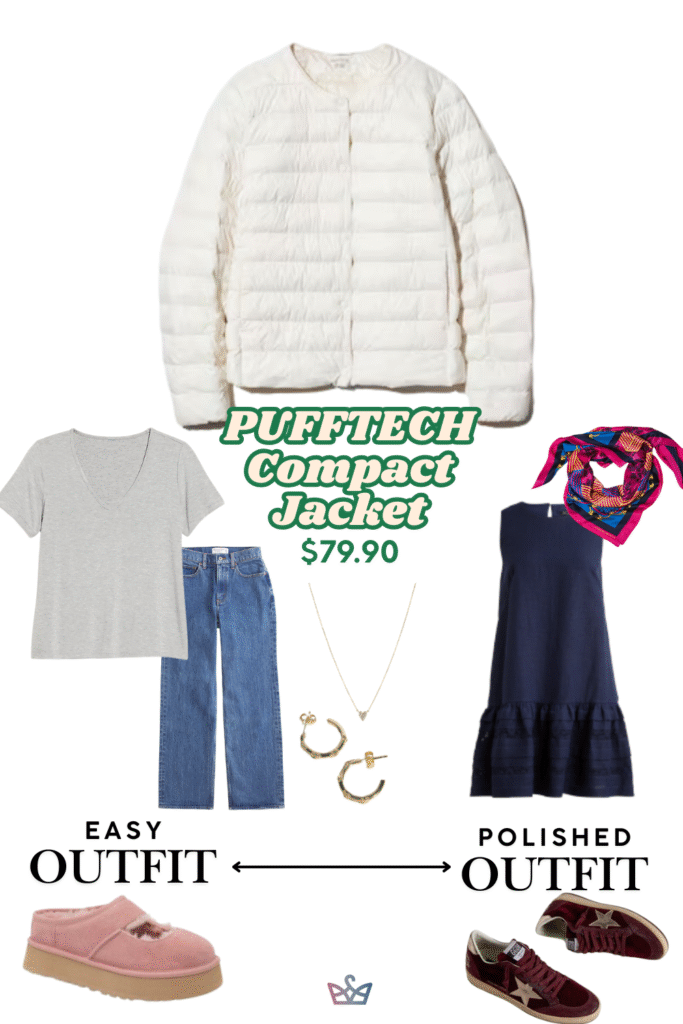 A style guide for a women's white puffer jacket. The casual look pairs it with a t-shirt and jeans. The polished look styles it over a long navy dress, showing the versatility of women's winter coats.