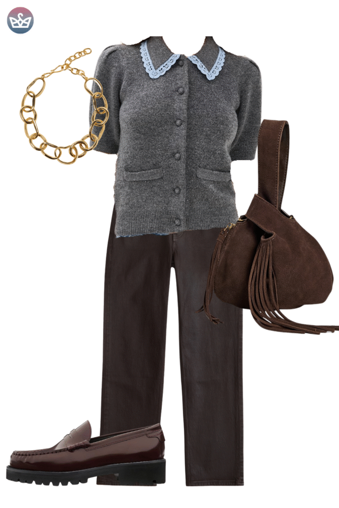 12 must have suede bags for fall that will elevate any outfit 11 adjust my crown A preppy dark academia look with a sweater vest over a collared shirt dark trousers and chunky loafers
