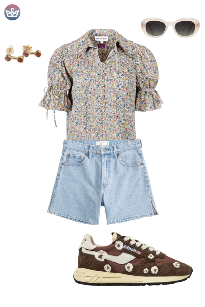 Fall outfit idea featuring a vintage inspired floral print blouse light wash cutoff denim shorts tortoiseshell sunglasses subtle gold jewelry and trendy brown floral print sneakers A perfect transition look focusing on comfy footwear for warmer early fall days