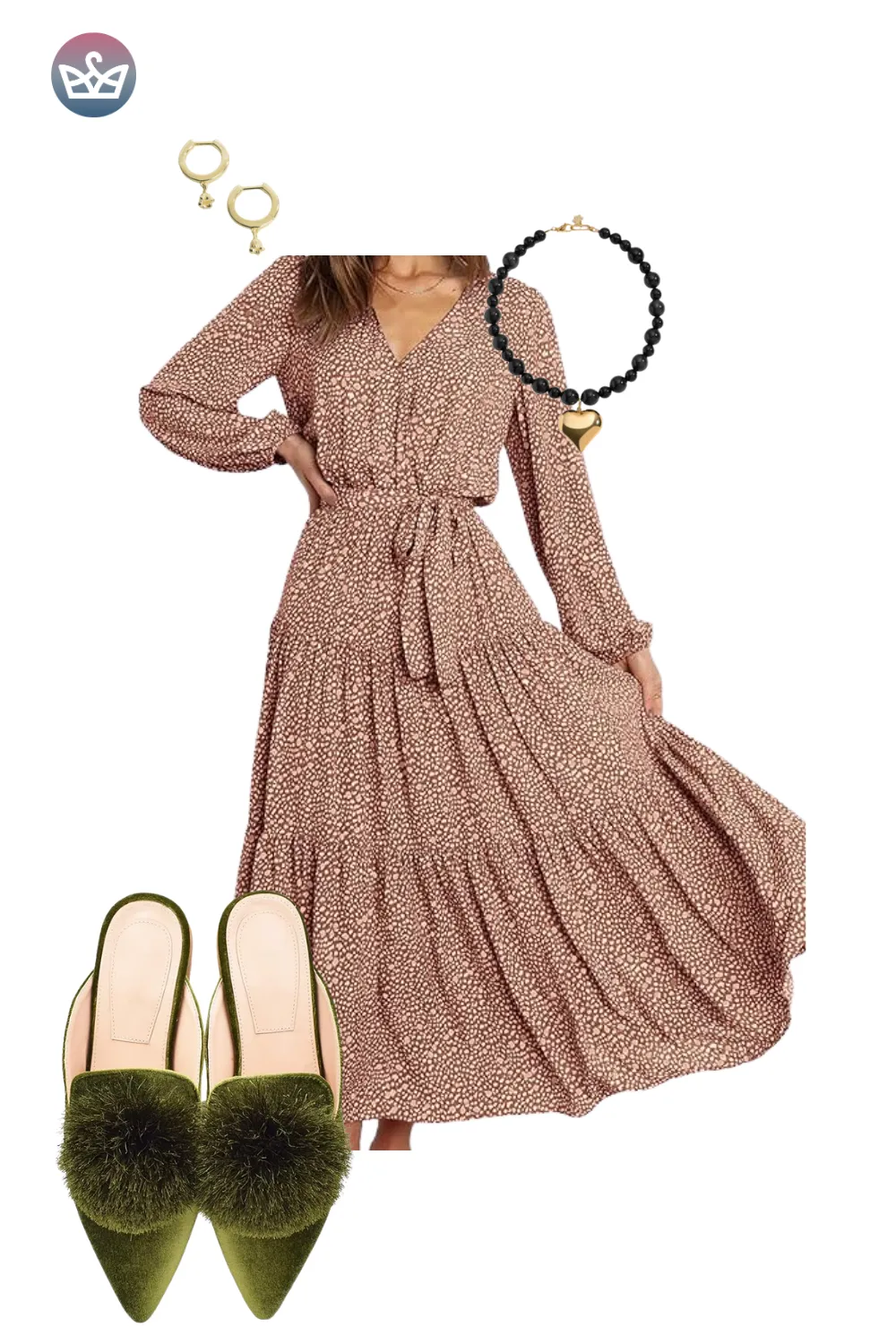 Brown floral maxi dress with green velvet mules and black headband for a feminine fall look.