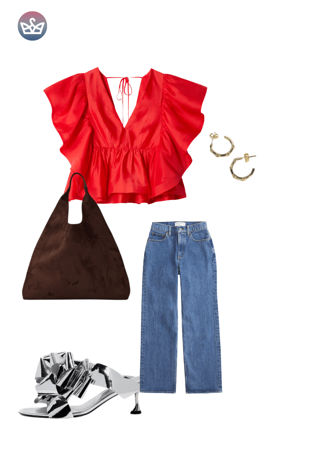 Red ruffle V-neck top, wide-leg jeans, chunky silver sneakers, and a dark brown suede bag.