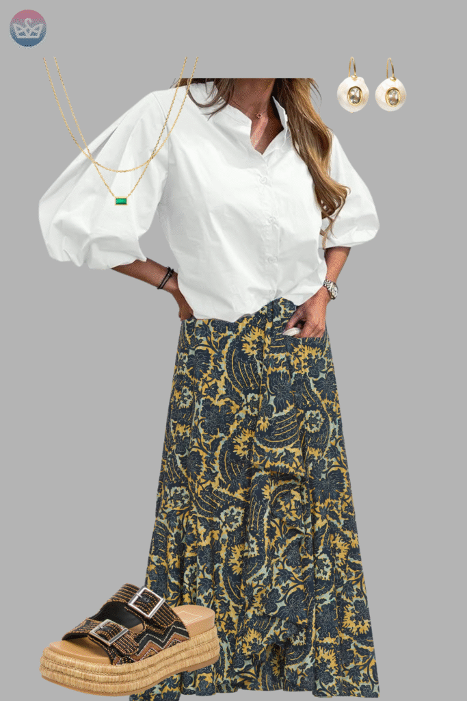 Modern and fresh how to style a white shirt like a pro 12 adjust my crown A bohemian approach to styling a white shirt a classic white blouse combined with a flowy patterned maxi skirt and chunky brown platform sandals