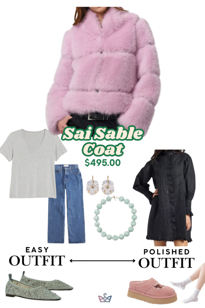 A collage showing two ways to style a pink faux fur winter coat for women The easy outfit consists of a t shirt and jeans The polished outfit features a black slip dress and heels