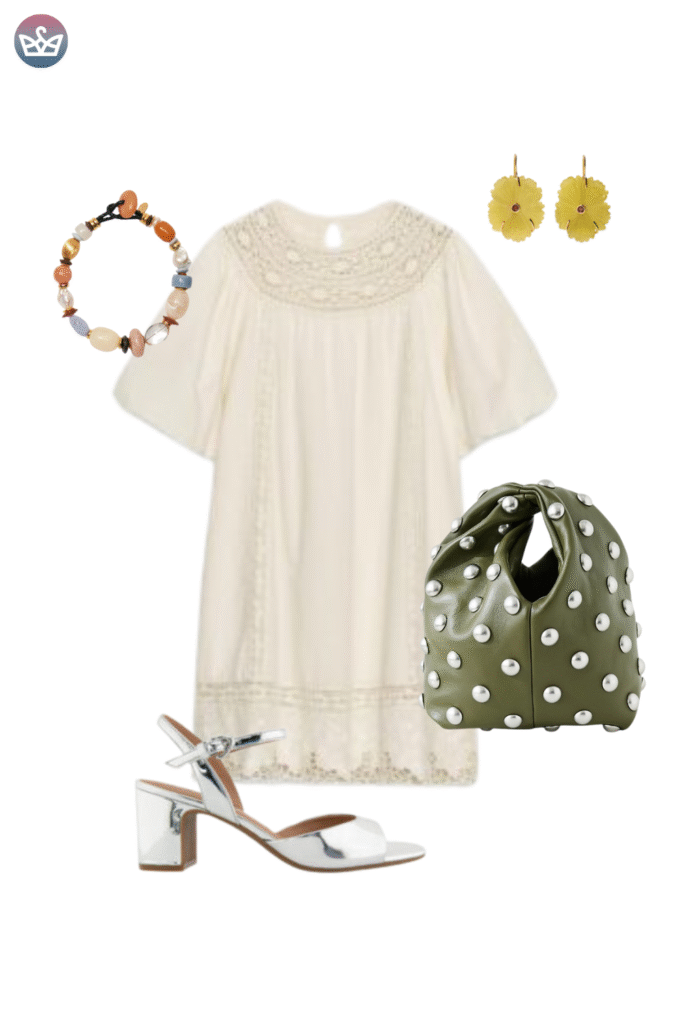 12 must have suede bags for fall that will elevate any outfit 12 adjust my crown A whimsical green and white polka dot handbag adding a playful touch to a chic outfit with a ruffled cream blouse