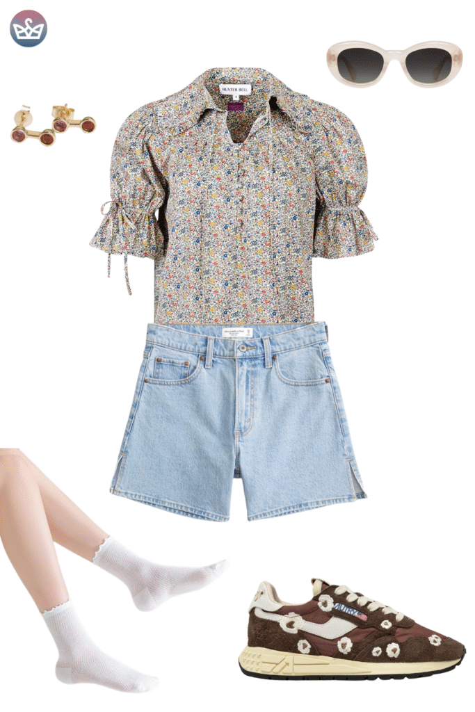Fall outfit idea featuring a vintage inspired floral print blouse light wash cutoff denim shorts tortoiseshell sunglasses subtle gold jewelry and trendy brown floral print sneakers A perfect transition look focusing on comfy footwear for warmer early fall days