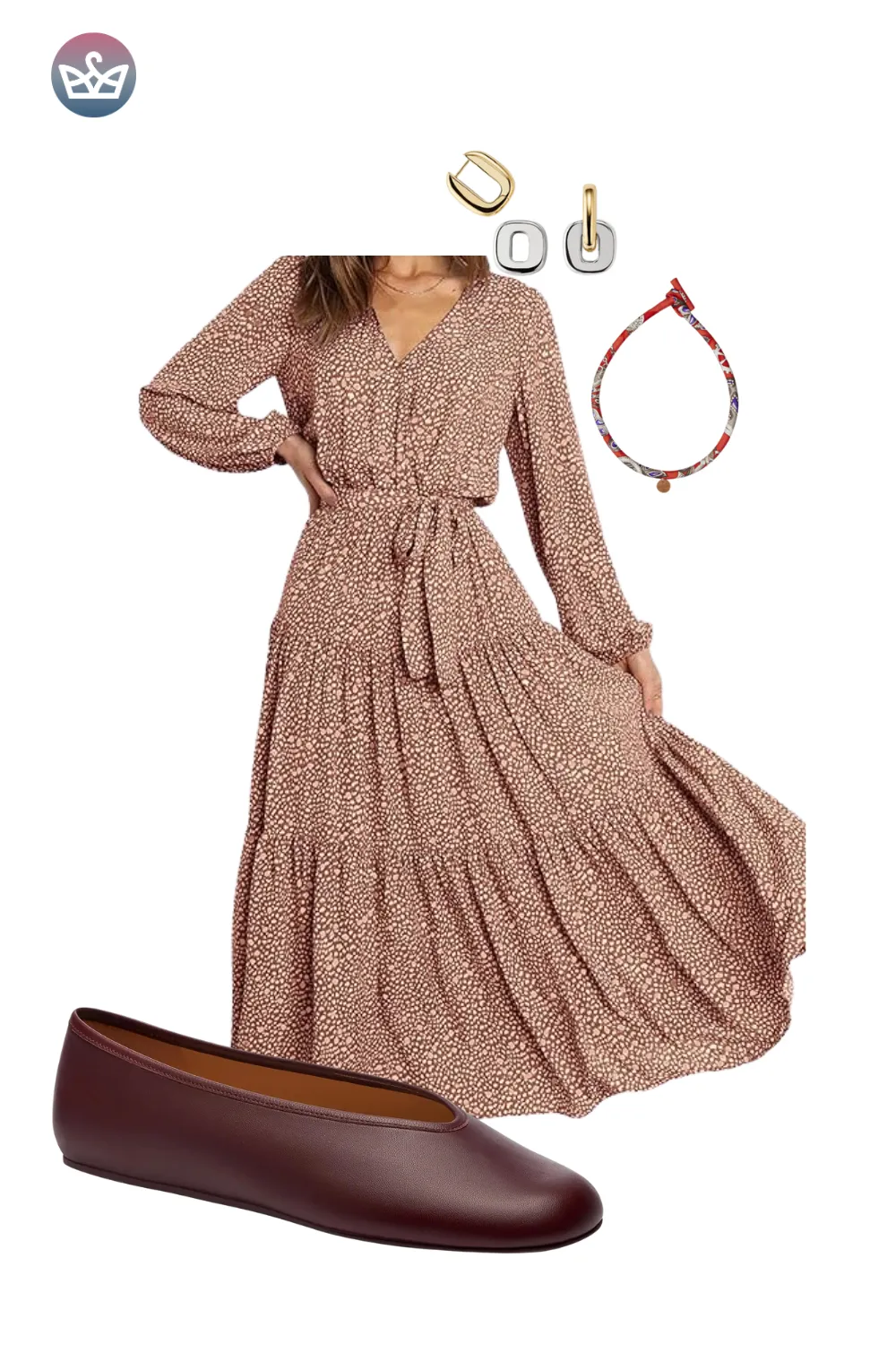 Brown floral wrap dress styled with burgundy flats and a simple handbag for a fall outfit.