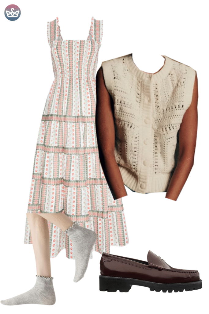 How to style cardigans over summer clothes cardigan outfit ideas that keep you cool and look pulled together 13 adjust my crown A layered vintage inspired cardigan outfit idea featuring a tiered pink green and white patterned maxi dress with a sleeveless chunky knit cream cardigan vest worn over it The look is styled with grey ankle socks and chunky dark burgundy platform loafers for a preppy finish