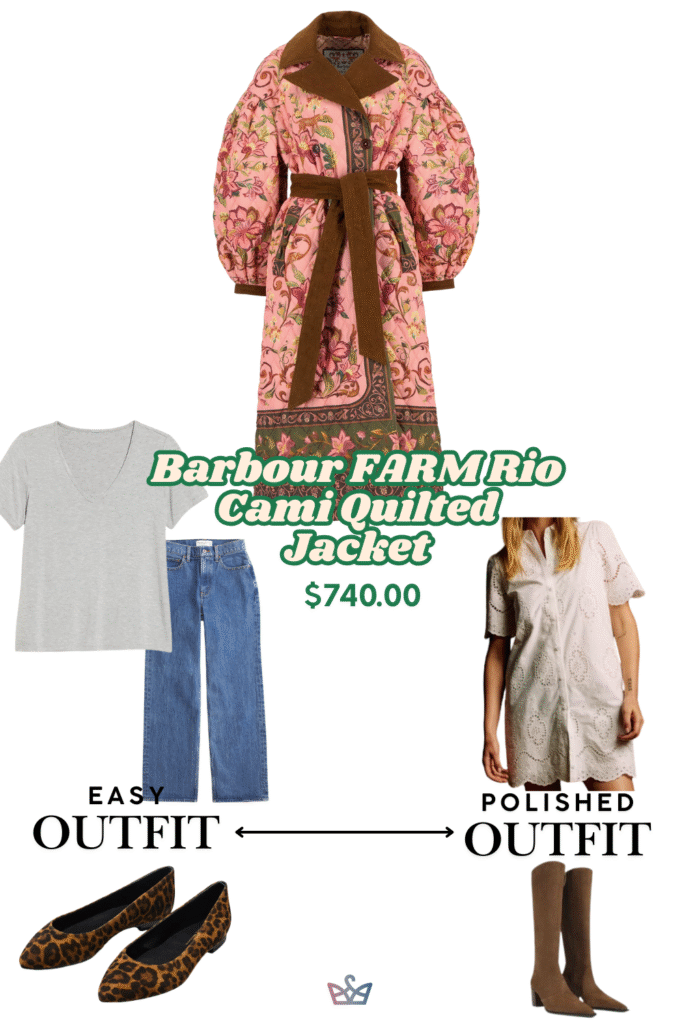 Styling options for a women's camo print quilted coat. The easy outfit pairs it with a t-shirt and jeans. The polished outfit layers it over a long cream dress with boots.