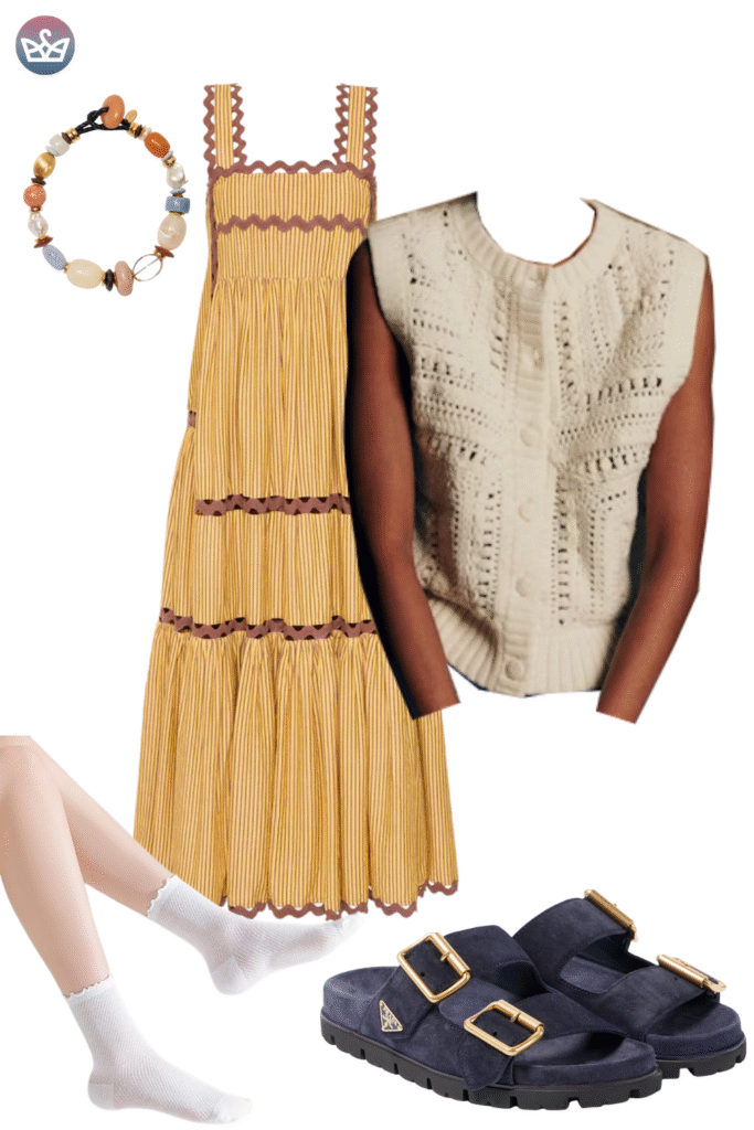 How to style cardigans over summer clothes cardigan outfit ideas that keep you cool and look pulled together 14 adjust my crown A layered boho cardigan outfit idea featuring a yellow striped tiered maxi dress with a sleeveless chunky knit cream cardigan vest layered over it The outfit is accessorized with a multicolored stone beaded bracelet white ruffle trim ankle socks and chunky navy blue buckled sandals