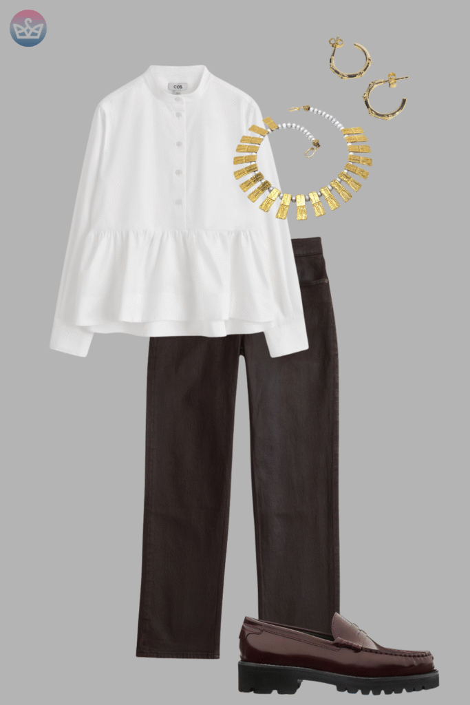 Modern and fresh how to style a white shirt like a pro 14 adjust my crown An edgy modern look showing how to style a white shirt a tiered white blouse contrasted with dark brown leather look trousers and chunky lug sole loafers