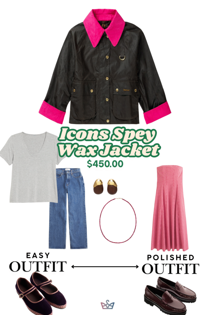 A guide to styling a black wax jacket with a bold pink collar a unique piece among winter coats for women The easy outfit shows it with a t shirt and jeans The polished outfit matches it with a long pink pleated skirt