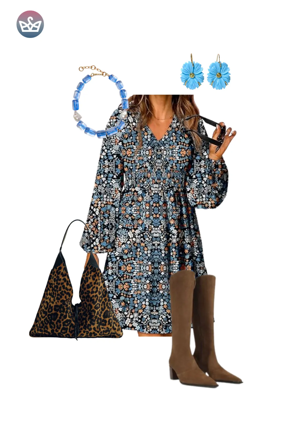 Blue floral boho dress with tall brown boots and statement earrings for a chic fall outfit.