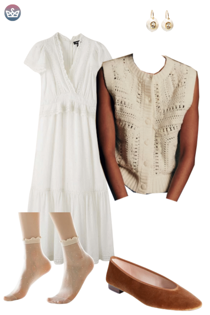 How to style cardigans over summer clothes cardigan outfit ideas that keep you cool and look pulled together 15 adjust my crown A neutral and textured cardigan outfit idea featuring a white eyelet maxi dress with lace trim layered under a sleeveless chunky knit cream cardigan vest The ensemble is completed with sheer polka dot ankle socks smooth brown velvet flats and delicate gold and pearl drop earrings
