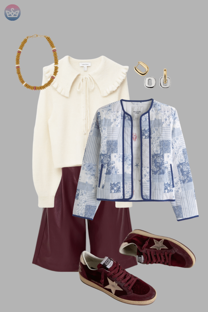 Modern and fresh how to style a white shirt like a pro 15 adjust my crown A preppy layered outfit idea a cream collared shirt styled under a blue and white patterned jacket with burgundy trousers and matching star detail sneakers