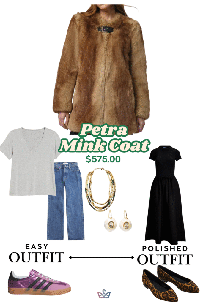A collage demonstrating how to style a brown faux mink women's winter coat. The casual look uses a t-shirt and jeans. The polished version is worn over a classic black dress.