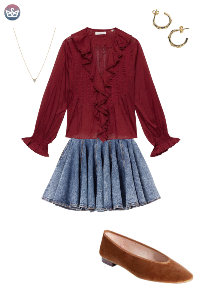 Romantic fall outfit idea featuring a rich burgundy ruffle blouse and a textured blue mini skirt The look is completed with simple gold jewelry and comfortable brown suede ballet flats This ensemble is perfect for transitional weather highlighting cozy yet chic footwear
