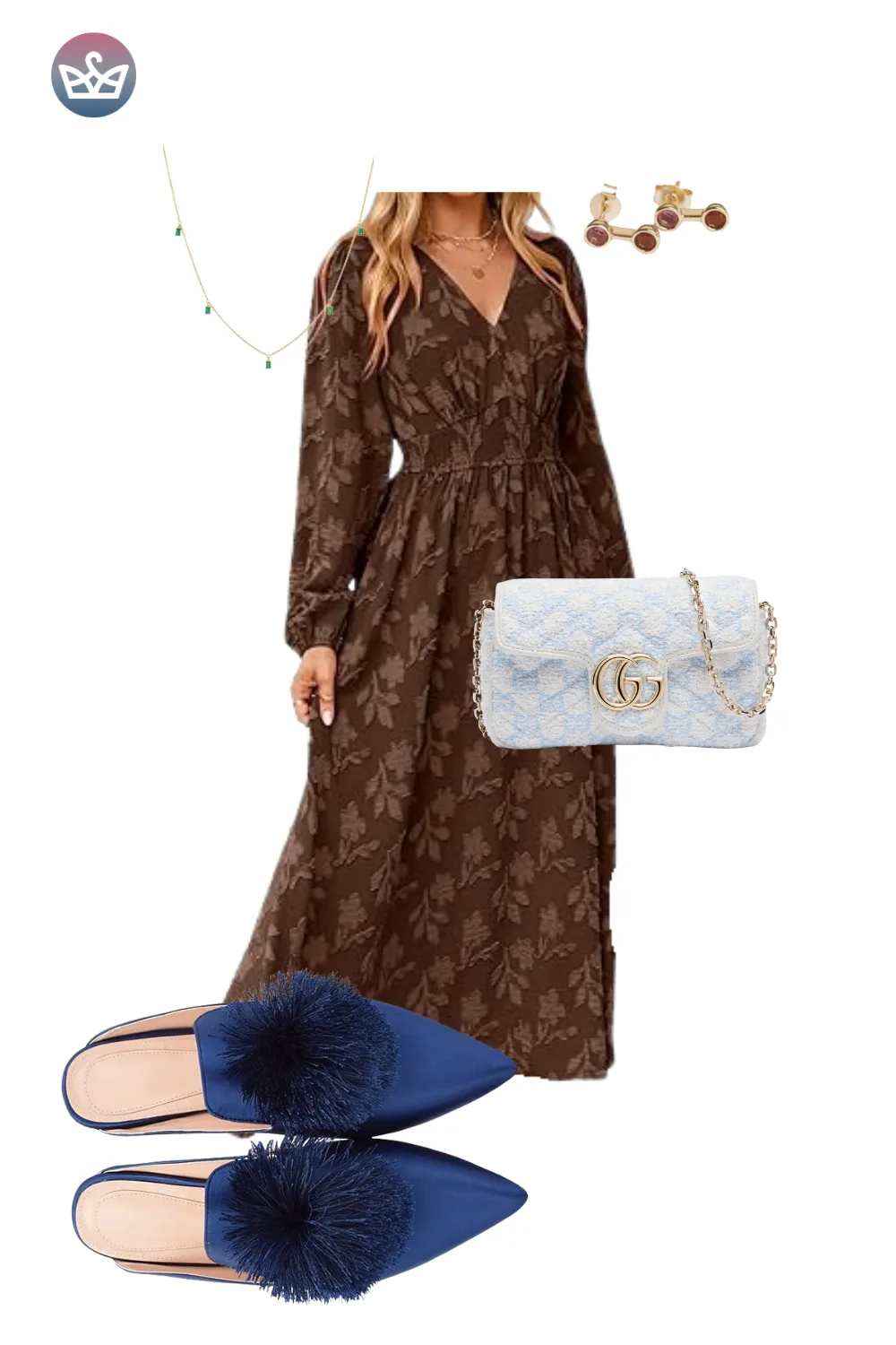 Dark brown floral maxi dress paired with blue pom-pom flats and a white quilted handbag.