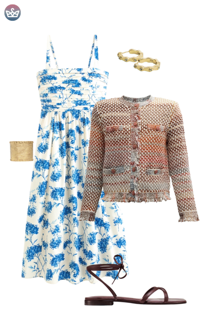 How to style cardigans over summer clothes cardigan outfit ideas that keep you cool and look pulled together 16 adjust my crown A vibrant and elegant cardigan outfit idea featuring a white midi dress with a bright blue hydrangea print paired with a multicolored tweed style knit cardigan jacket with fringe trim Accessories include gold wavy rings a woven bracelet and burgundy lace up flat sandals