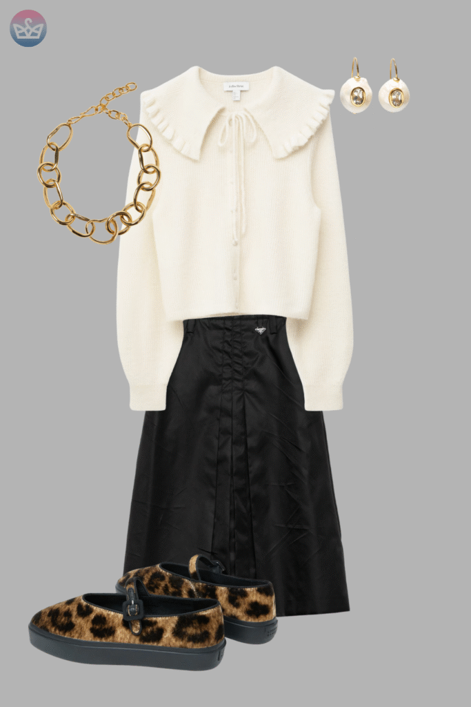 Modern and fresh how to style a white shirt like a pro 16 adjust my crown A trendy look showing how to style a white shirt a cream blouse with a large statement collar tucked into a black textured mini skirt and paired with leopard print platform loafers