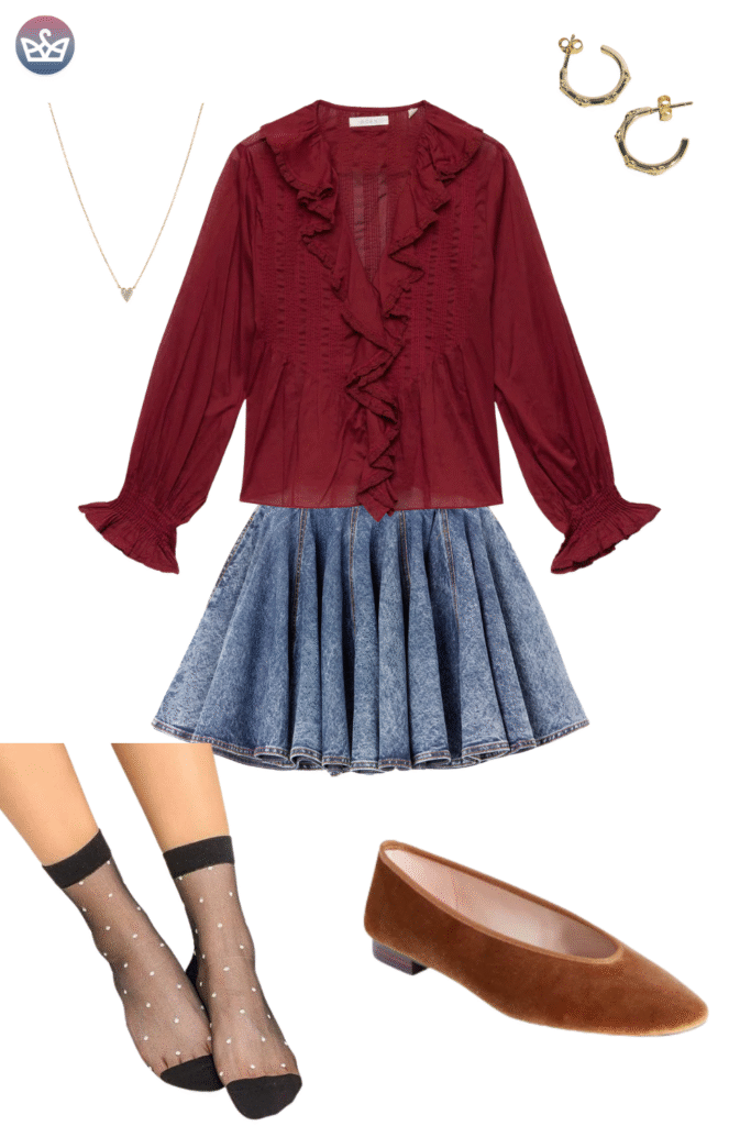 Romantic fall outfit idea featuring a rich burgundy ruffle blouse and a textured blue mini skirt The look is completed with simple gold jewelry and comfortable brown suede ballet flats This ensemble is perfect for transitional weather highlighting cozy yet chic footwear