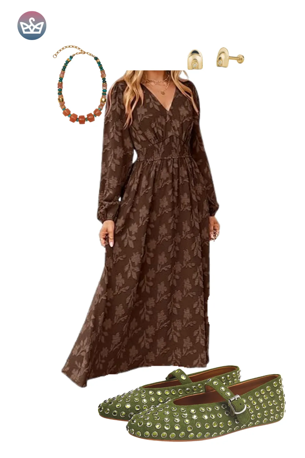 Brown floral maxi dress styled with olive green studded flats and warm-toned accessories.