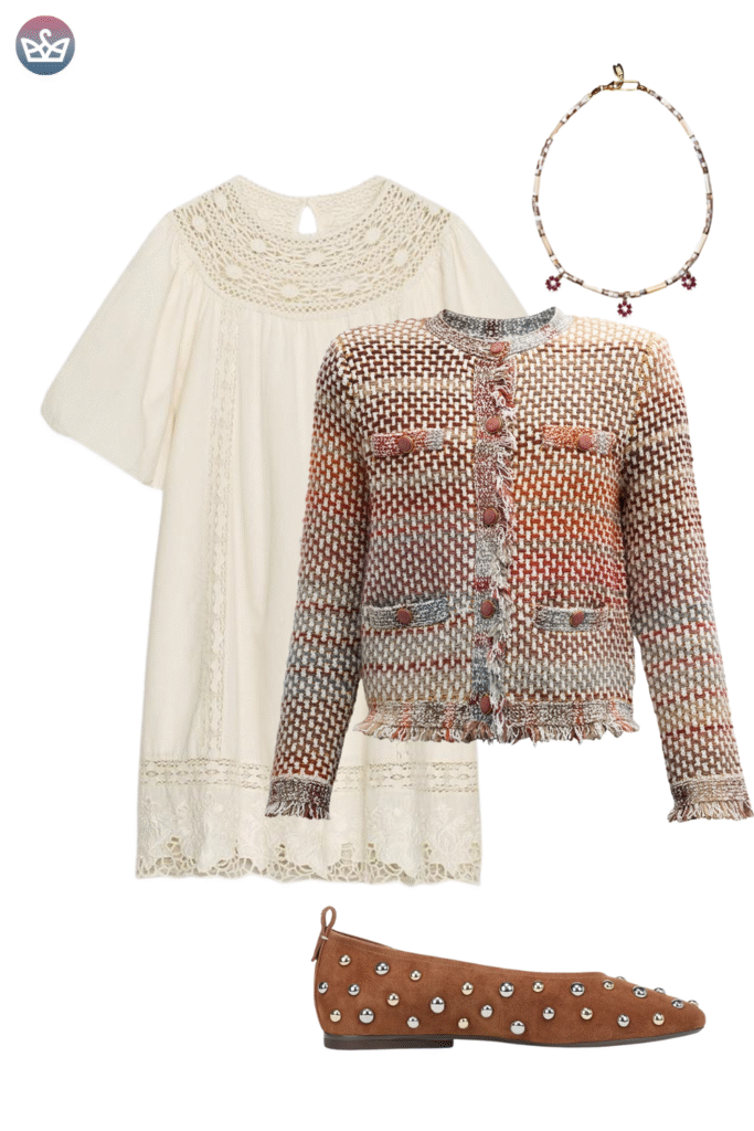 How to style cardigans over summer clothes cardigan outfit ideas that keep you cool and look pulled together 17 adjust my crown A boho chic cardigan outfit idea featuring a cream colored peasant dress with crochet and lace details layered with a textured multicolored tweed style knit cardigan jacket The outfit is grounded with studded brown suede flats and a simple beaded choker necklace