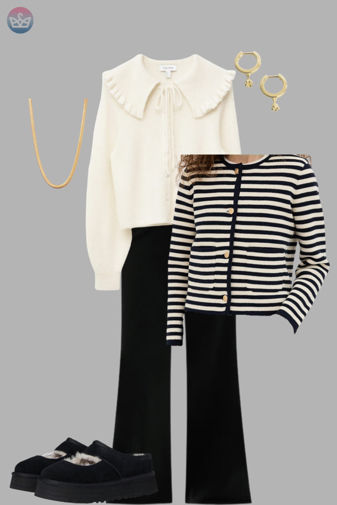 Modern and fresh how to style a white shirt like a pro 17 adjust my crown A layered academic look showing how to style a white shirt a large collared blouse under a black and white striped shirt paired with black trousers and chunky ugg style platform shoes