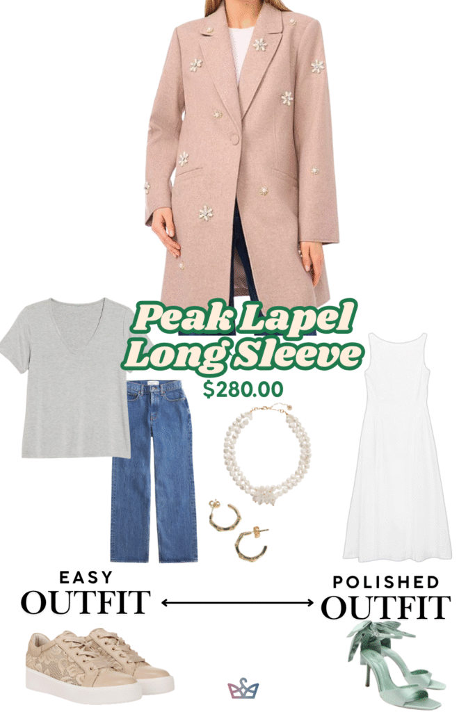 A style guide for a pink blazer style long coat for women The easy outfit includes a t shirt and jeans The polished outfit shows it over a white dress with statement heels