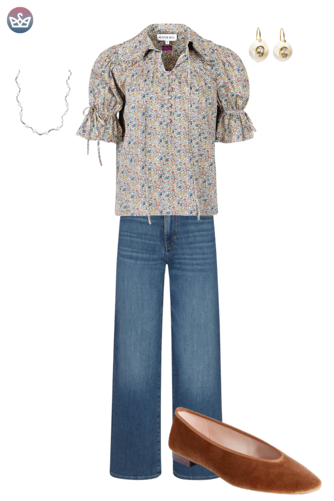 Stylish casual fall outfit featuring a soft floral print puff sleeve blouse and trendy wide leg denim jeans The look is anchored by chic brown suede ballet flats and delicate layered necklaces This comfortable combination showcases flat elegant footwear perfect for an everyday autumn look