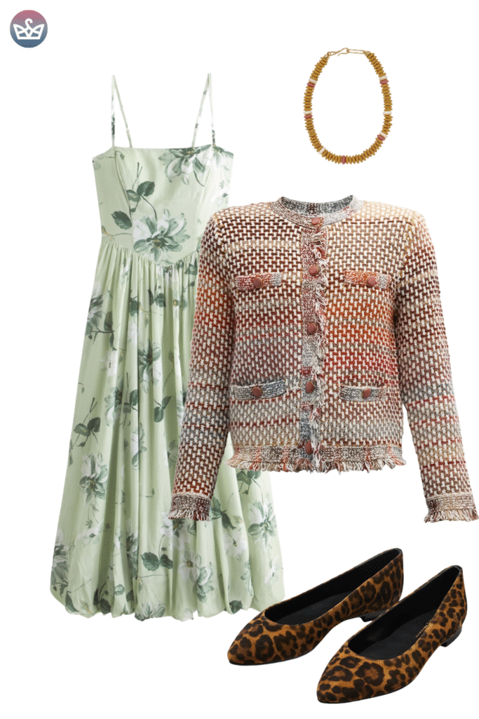 How to style cardigans over summer clothes cardigan outfit ideas that keep you cool and look pulled together 18 adjust my crown A romantic cardigan outfit idea combining a delicate mint green floral slip dress with a structured multicolored tweed style knit cardigan jacket The look is grounded with leopard print pointed flats and a tan beaded choker necklace with red accents