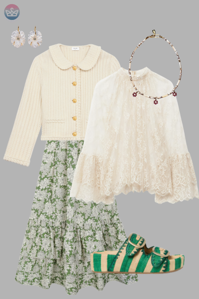 Modern and fresh how to style a white shirt like a pro 18 adjust my crown A romantic outfit idea for styling a white shirt a delicate lace blouse layered under a cream cardigan and paired with a green floral skirt and striped heels