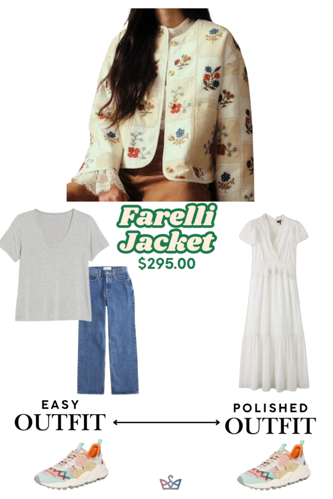 Two ways to wear a patterned knit jacket for women The easy outfit styles it with a t shirt and jeans The polished outfit pairs it with a long white dress