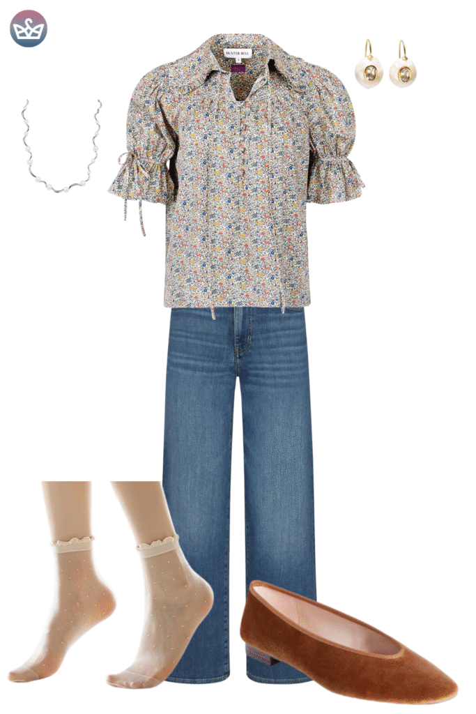 Stylish casual fall outfit featuring a soft floral print puff sleeve blouse and trendy wide leg denim jeans The look is anchored by chic brown suede ballet flats and delicate layered necklaces This comfortable combination showcases flat elegant footwear perfect for an everyday autumn look