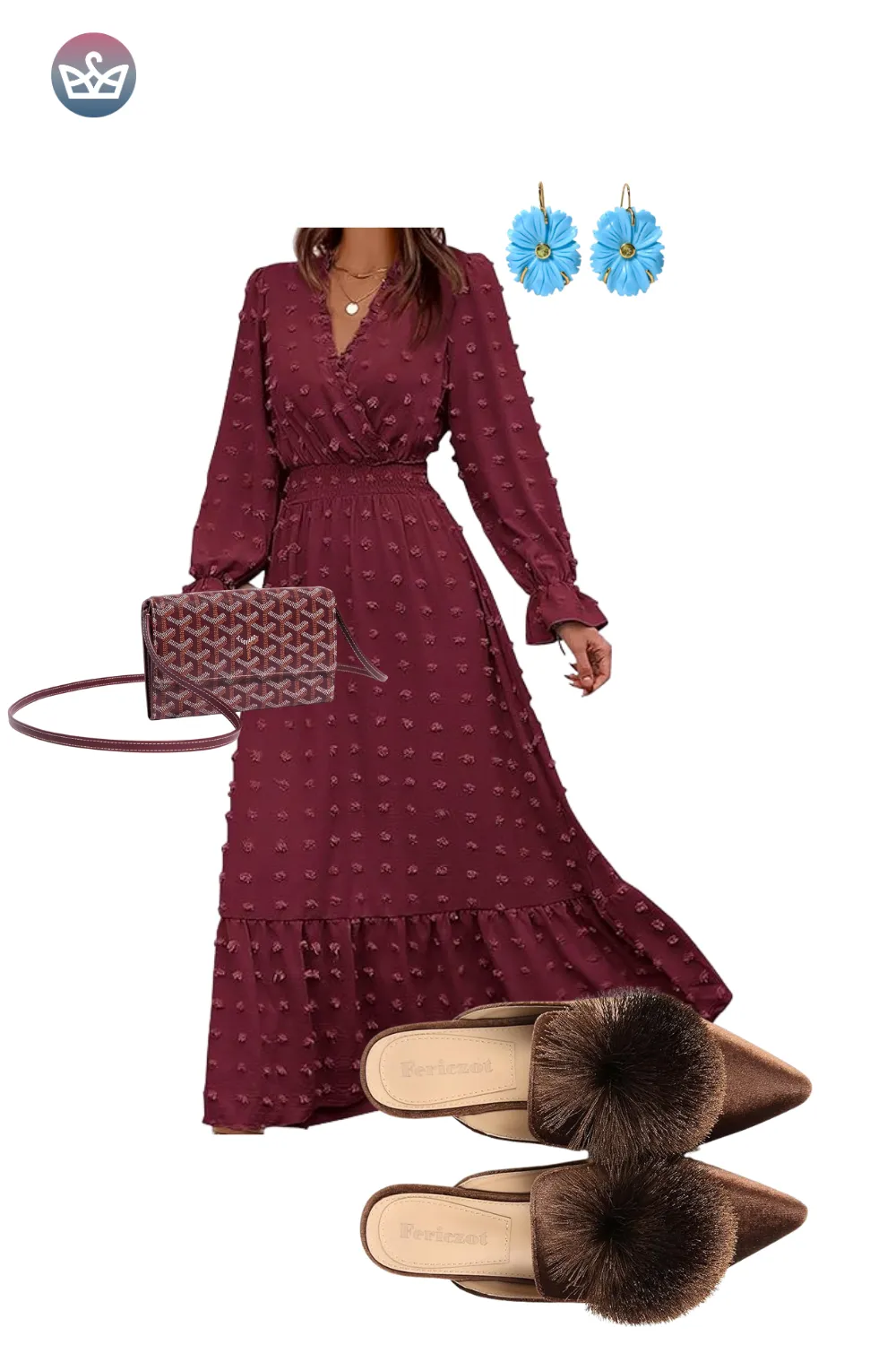 Burgundy lace maxi dress with brown fur mules and a quilted crossbody bag.