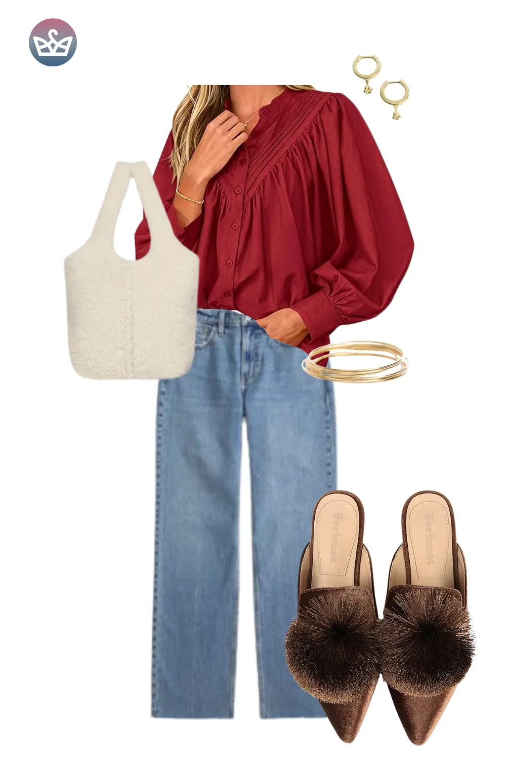 Deep red blouse with denim jeans, brown mules, and a white tote for an everyday fall outfit.