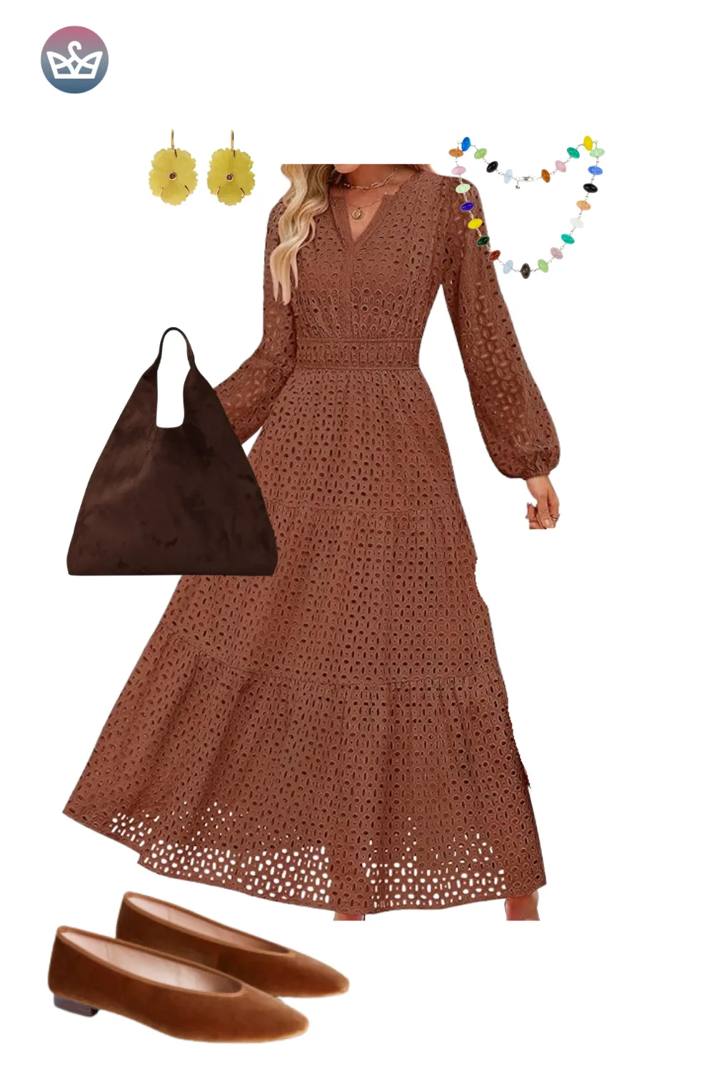 Brown eyelet lace midi dress with brown flats and a chocolate suede bag styled for a cozy Thanksgiving outfit.