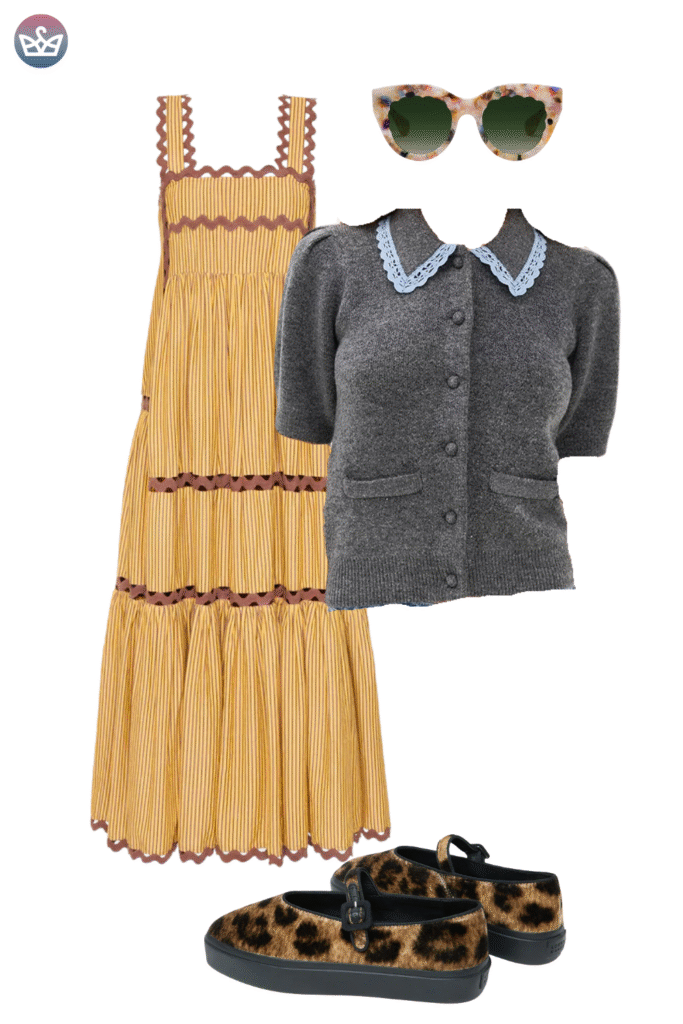 How to style cardigans over summer clothes cardigan outfit ideas that keep you cool and look pulled together 2 adjust my crown A stylish cardigan outfit idea pairing a fitted short sleeved grey cardigan with a light blue lace collar over a yellow and brown striped tiered maxi dress The outfit is completed with tortoiseshell sunglasses and leopard print mary jane platform flats