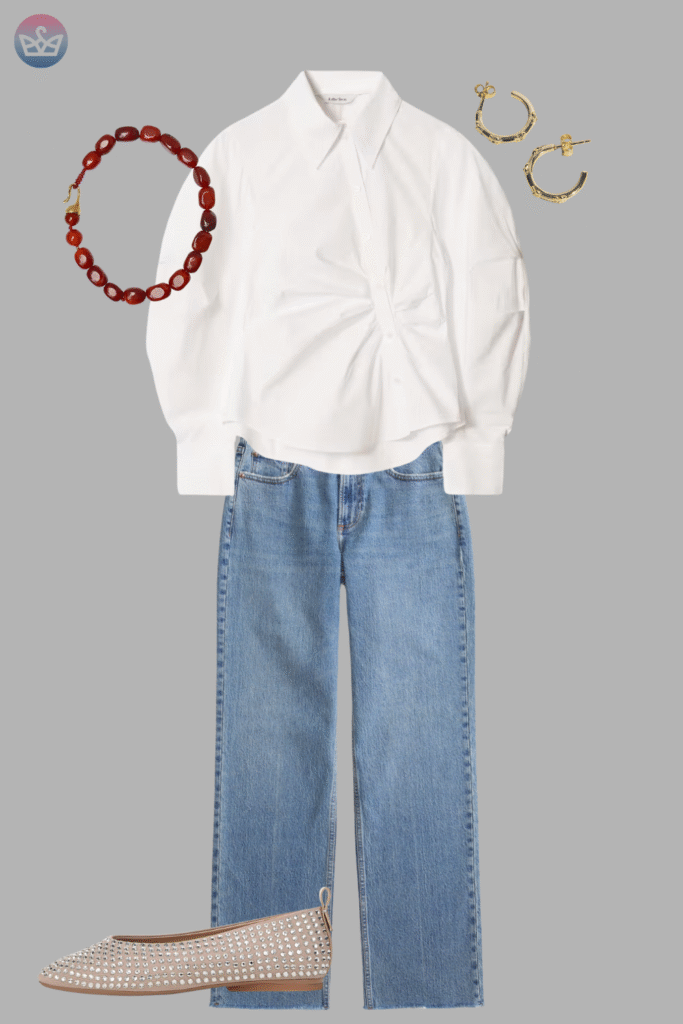 Modern and fresh how to style a white shirt like a pro 2 adjust my crown A casual elegant example of how to style a white shirt a relaxed white button down with wide leg blue jeans nude flats a red beaded necklace and gold hoop earrings