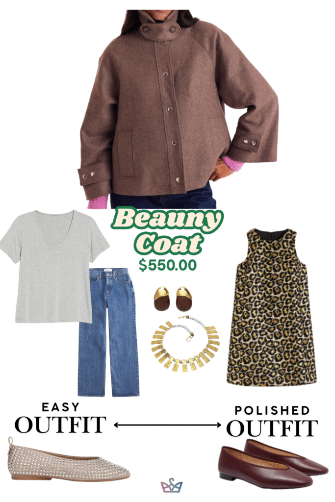 A collage showing two ways to style a brown women's winter coat. The easy outfit consists of a t-shirt, jeans, and ballet flats. The polished outfit features a leopard print dress and heels.