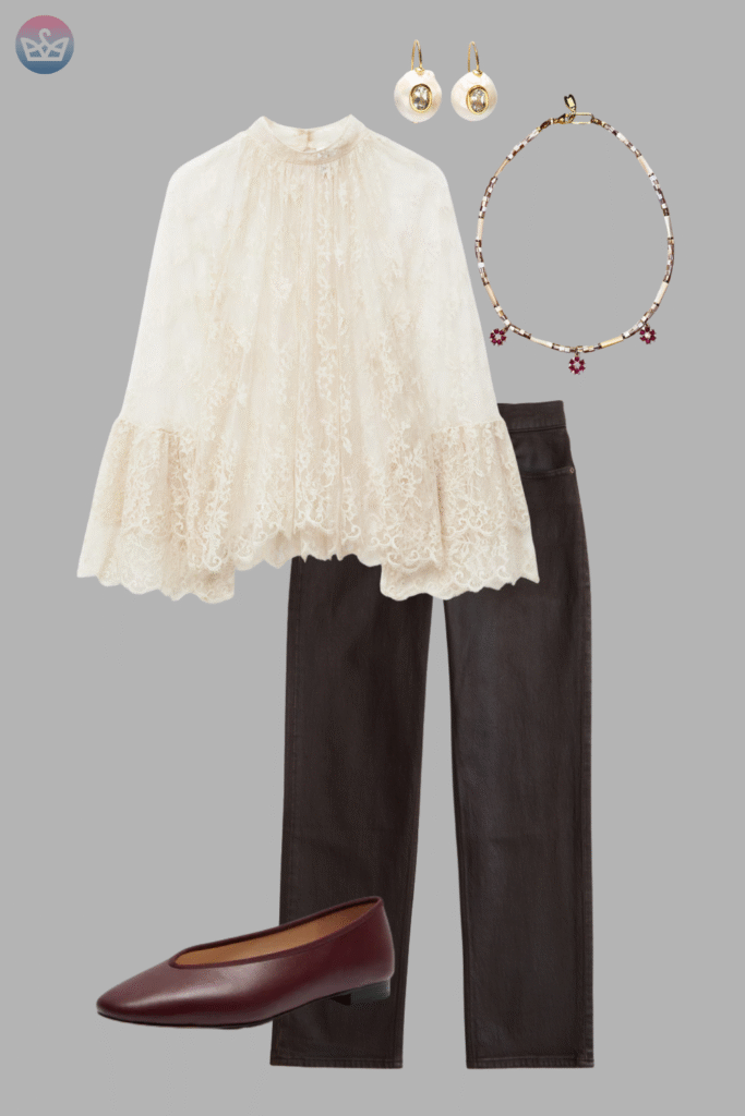 Modern and fresh how to style a white shirt like a pro 20 adjust my crown A chic and simple way to style a white shirt a cream lace blouse with flared cuffs tucked into dark brown trousers and finished with classic brown loafers
